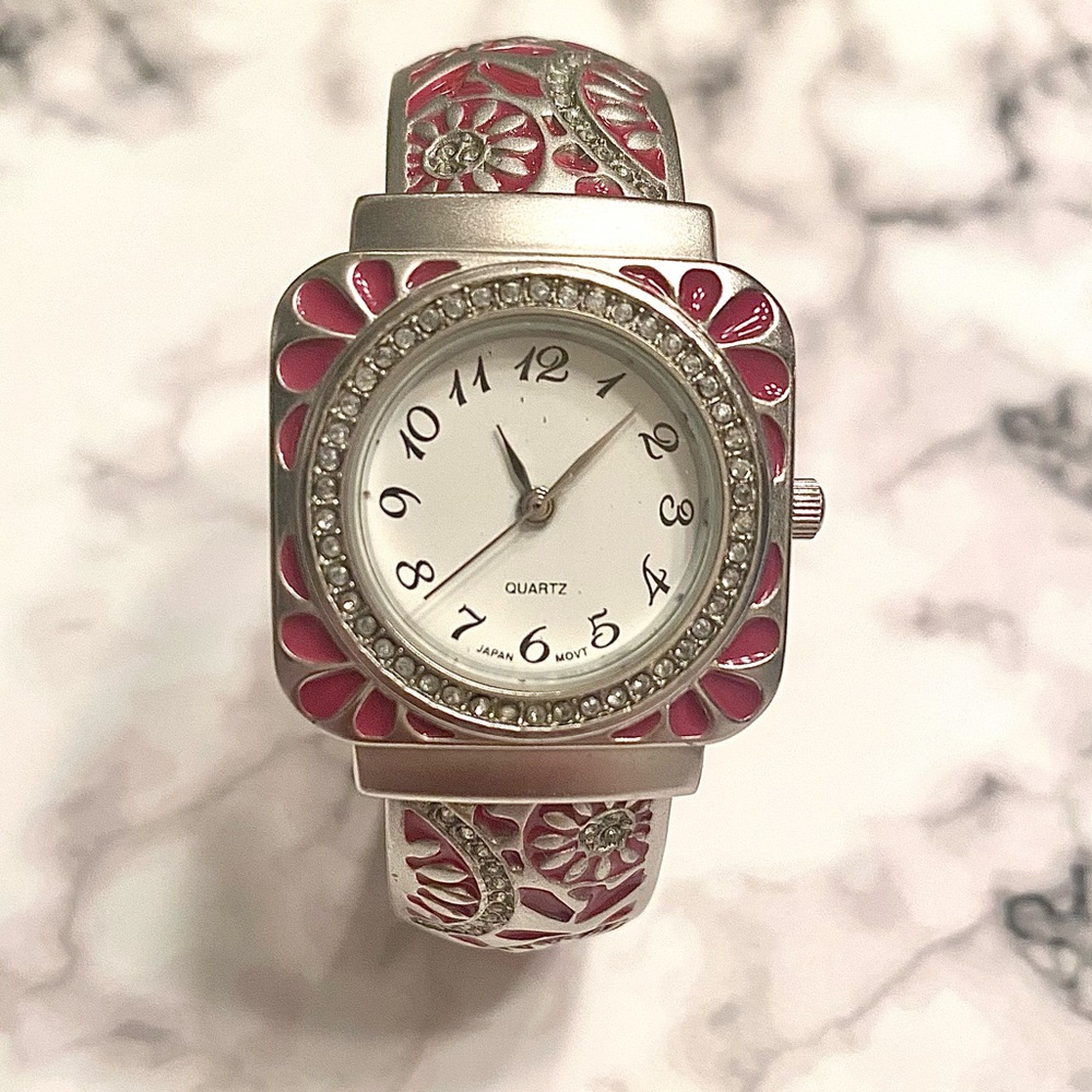 Crystal Painted Pink Floral Brushed Matte Silver Cuff Watch Bracelet